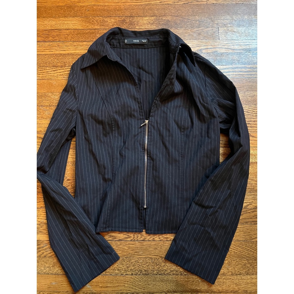 Mango MNG Black Pinstripe Zip Up Collared Shirt Top Small